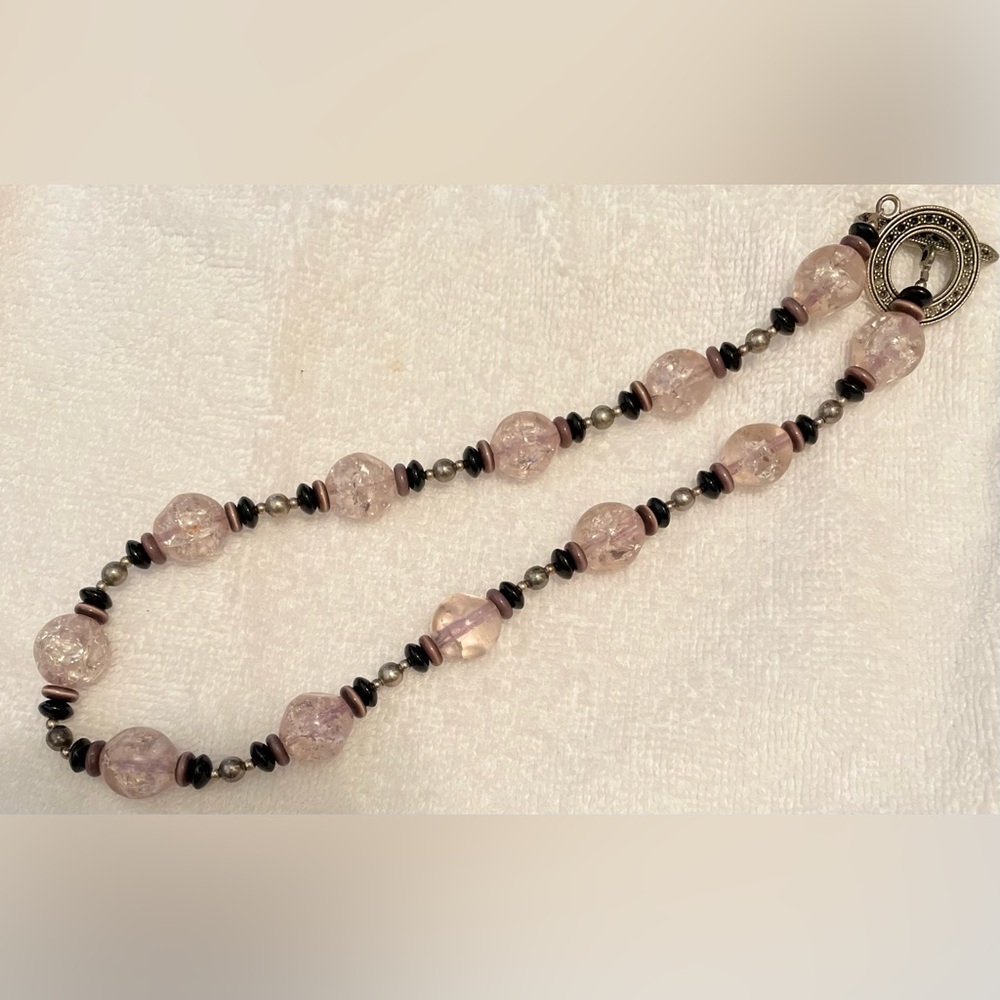 Necklace beaded w/ lavender, black & silver accents beautiful clasp